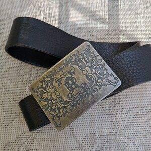 Men's Western Style Leather Belt With Large Buckle 46"